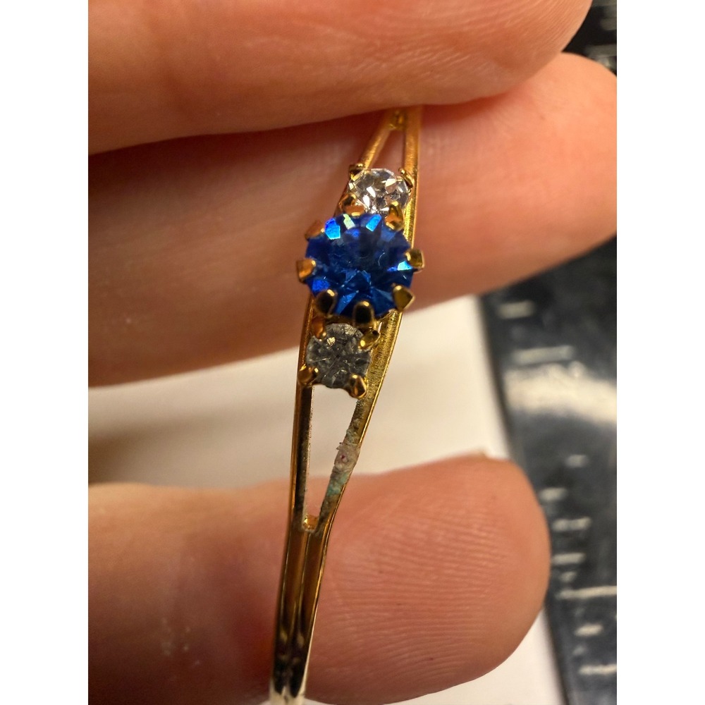 Gold Tone Blue Rhinestone Cuff Bracelet Split Band Bypass Style Jewelry